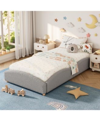 Upholstered Floor Bed for Kids, Teddy Fabric Soft Upholstered Bed Frame with Cloud Shaped Guardrails, Low Profile Platform Bed