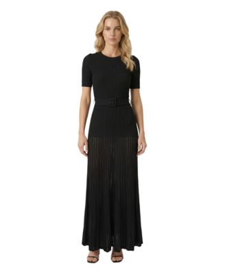 Women's Ribbed Knit Belted Pleated Midi Dress