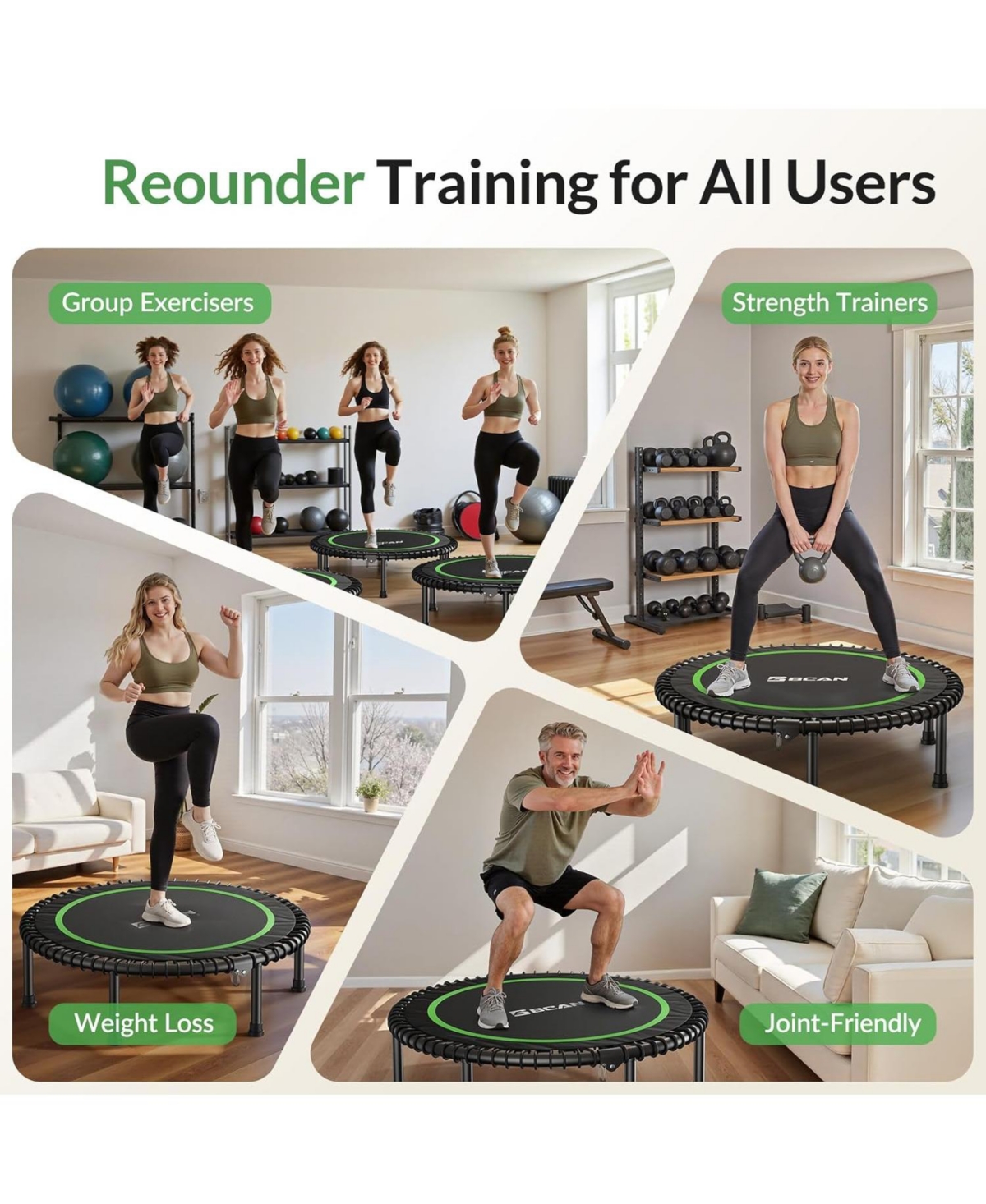 Bcan 450/550LBS Foldable Mini Trampoline for Adults, 40/48 inches Fitness Rebounder with Bungees