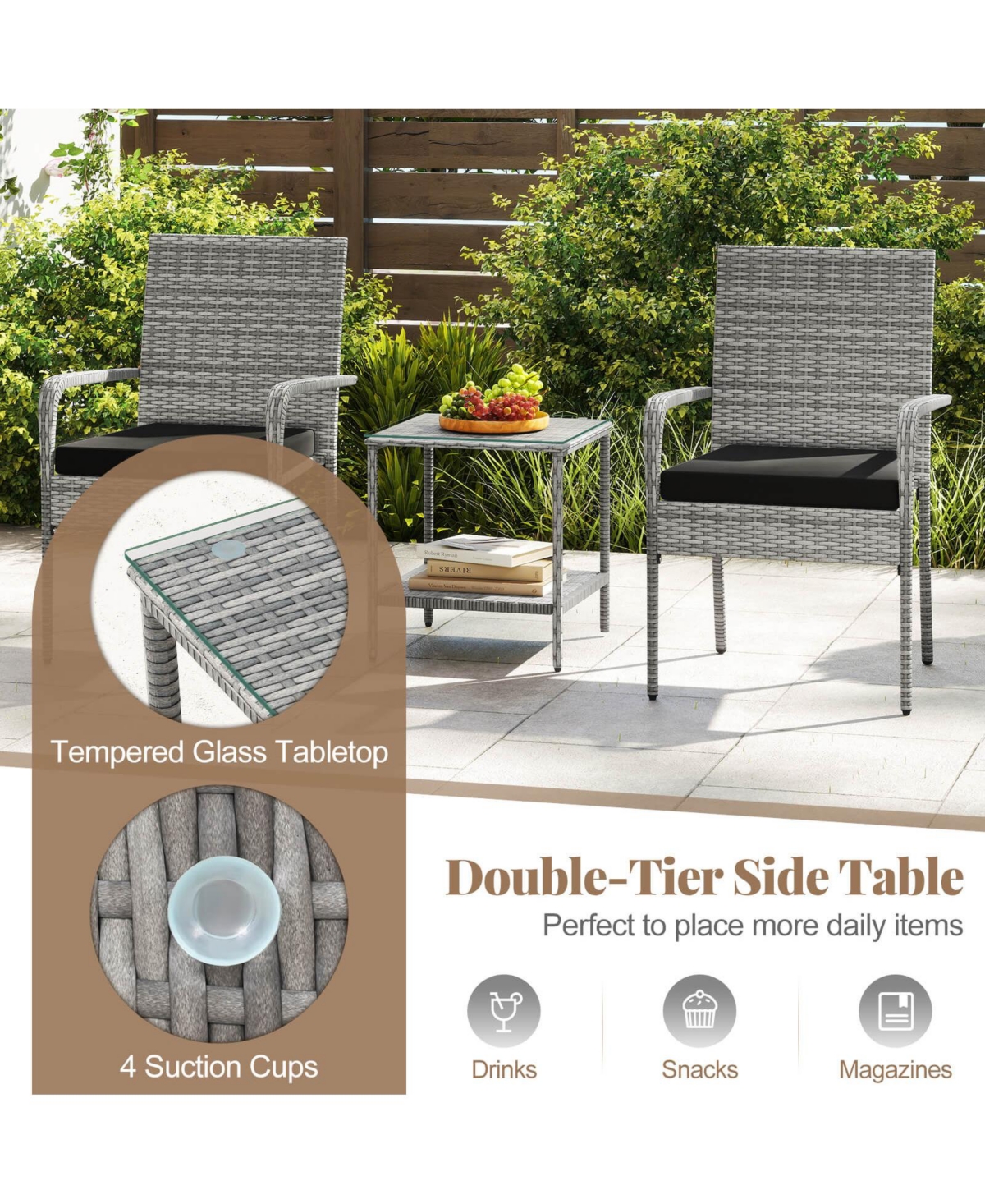 Costway 3 Pieces Patio Furniture Set with Seat Cushions and Tempered Glass Tabletop