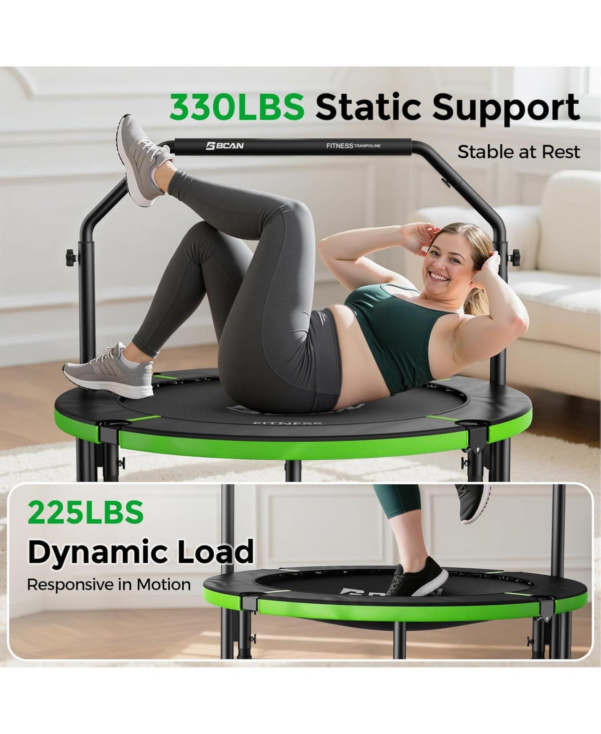 Bcan SP3 Foldable Mini Trampoline with U Shape Adjustable Foam Handle 40 Inch Adult Rebounder Trampoline Indoor Fitness Workout Max Load 330LBS