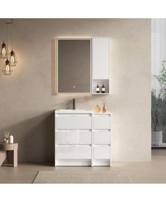 35.4 Inch Modern Bathroom Vanity with Resin Sink, Freestanding Storage Cabinet, Soft Close Drawers, Wall Cabinet