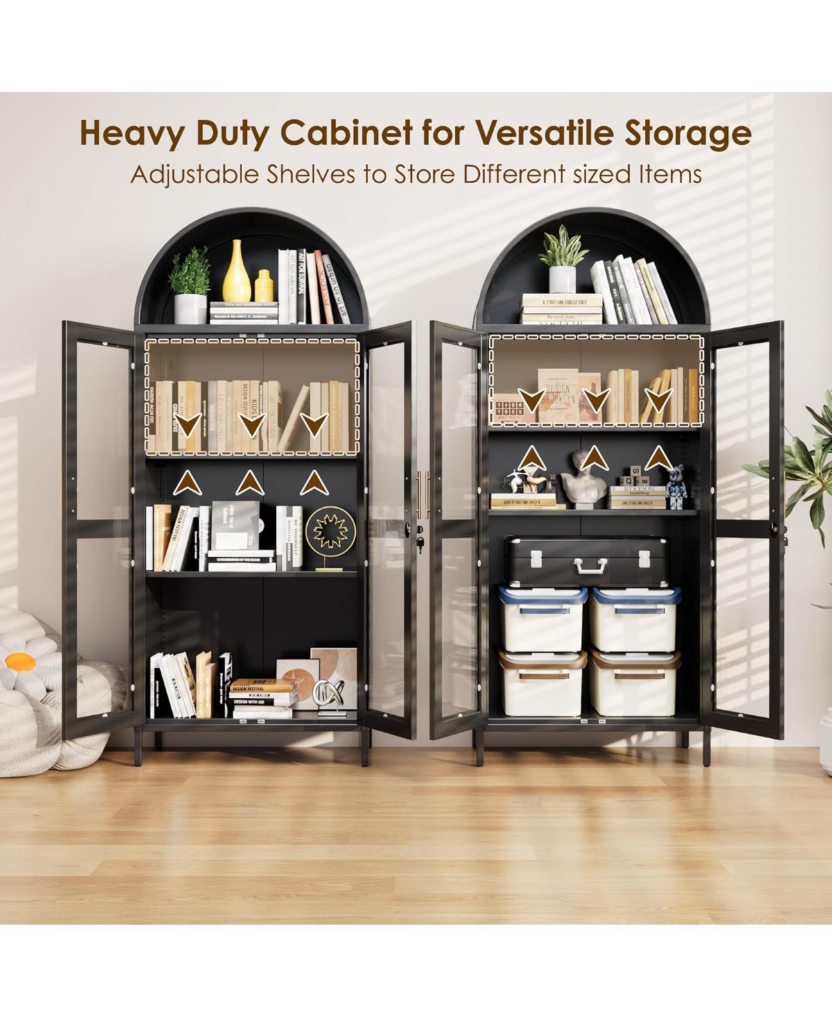 Boyel Living Metal Arched Display Cabinet with Lock, Glass Door Pantry Hutch and Bookshelf for Dining Room