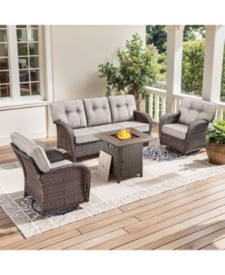 4 Pieces Patio Furniture Set, Wicker Outdoor Conversation Sets with Fire Pit Table for Backyard Garden Deck