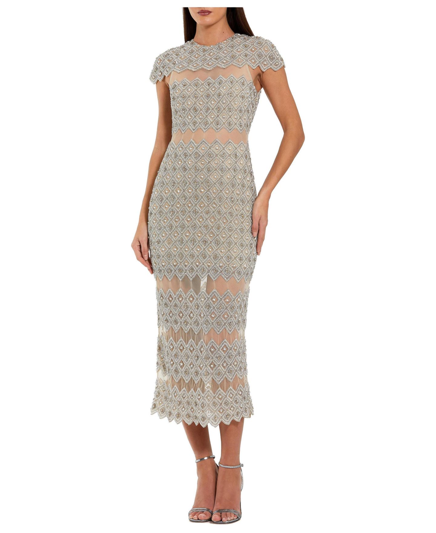 Женское платье Mac Duggal Beaded Mesh Sheath Midi with Sheer Panels, цвет: Слоновая кость телесный — фото 1