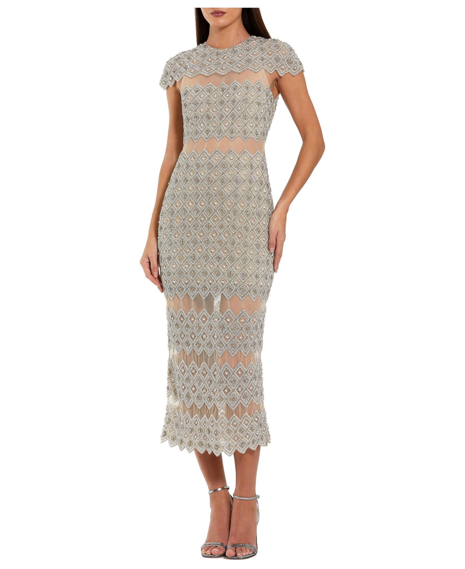 Women's Beaded Mesh Sheath Midi Dress with Sheer Panels