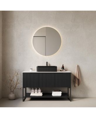 48 Inch Modern Bathroom Vanity with Ceramic Vessel Sink, Sintered Stone Countertop, Soft Close Doors, Open Shelf