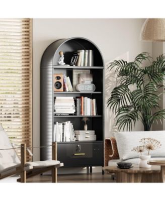72.8" Metal Arched Bookcase with File Drawer, Tall Storage Cabinet with Adjustable Shelves for Home Office