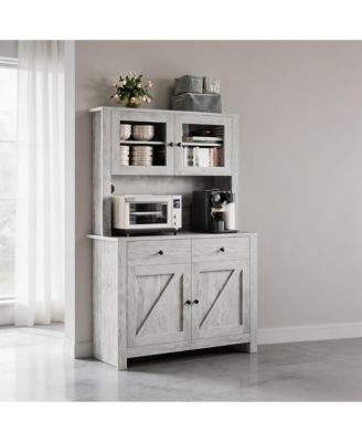 Modern Farmhouse Pantry Cabinet, Engineered Wood Storage Organizer with Adjustable Shelves and Anti-Tip Design, Tempered Glass Door