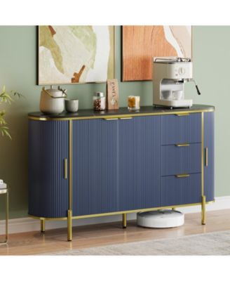 63.66 Inch Sideboard with 4 Wave-Textured Doors, 3 Fabric Pull Drawers, Raised Metal Legs, Wine Storage, Rounded Edges