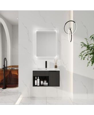 Wall Mounted Bathroom Vanity with Ceramic Sink, Soft Close Door, Open Shelf Storage, Modern Design for Small Spaces