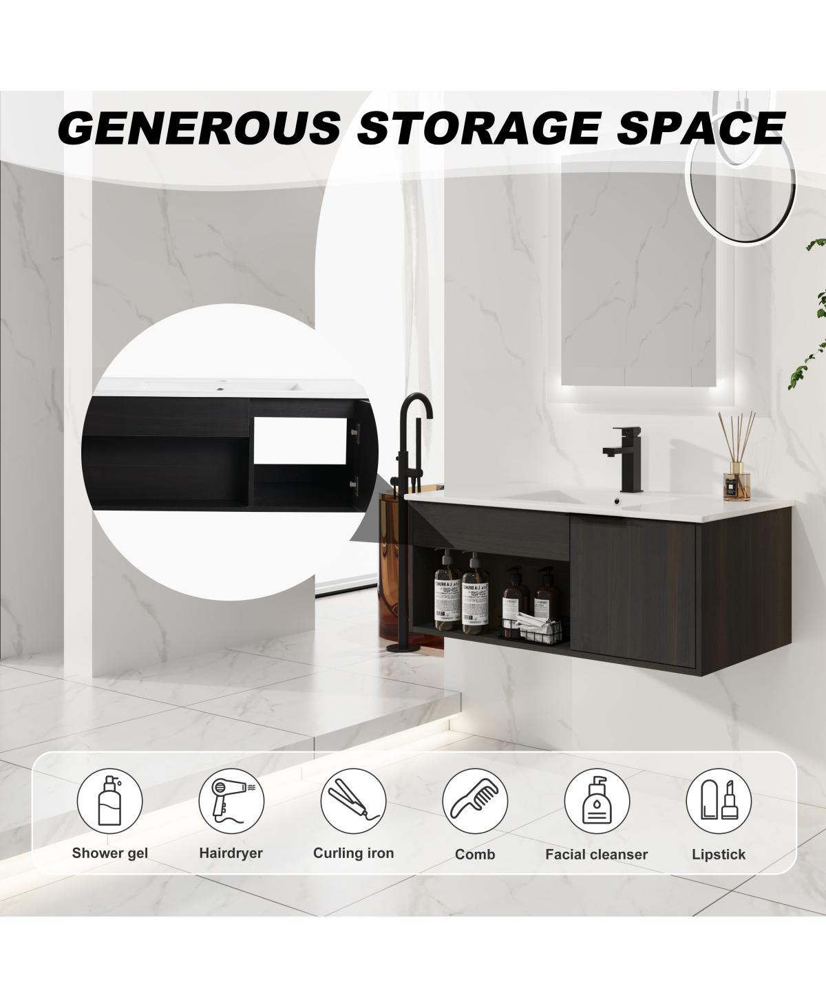 Sillysis Wall Mounted Bathroom Vanity with Ceramic Sink, Soft Close Door, Open Shelf Storage