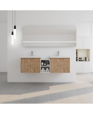 59 Inch Wall Mounted Double Bathroom Vanity with Resin Sinks, Plywood Cabinets and Open Storage for Modern Bathrooms