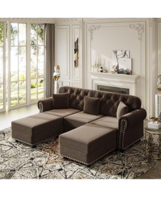 Velvet Chesterfield Sofa with Nailhead Trim and 3 Pillows
