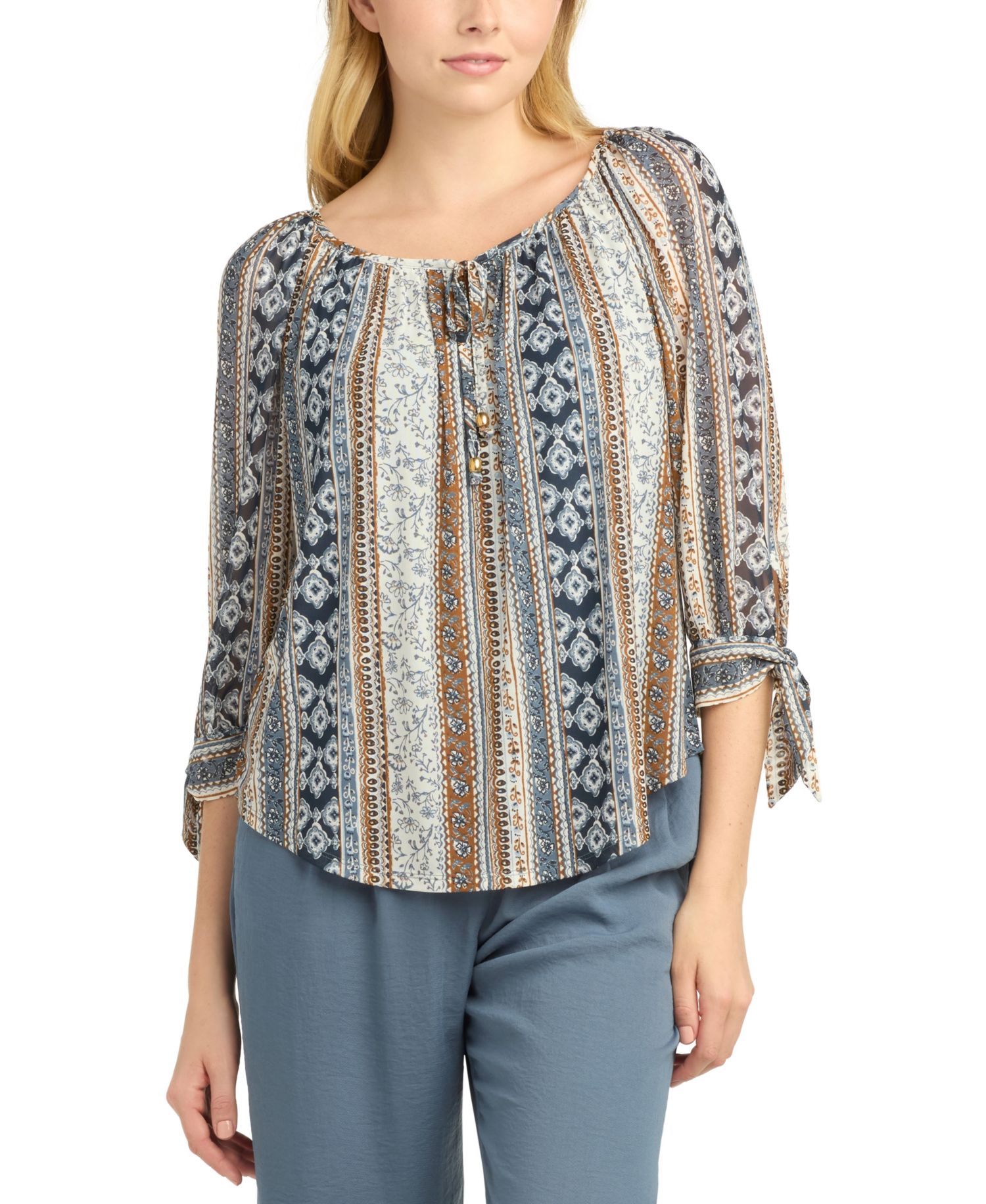 Juniors' Printed Mesh Peasant Top