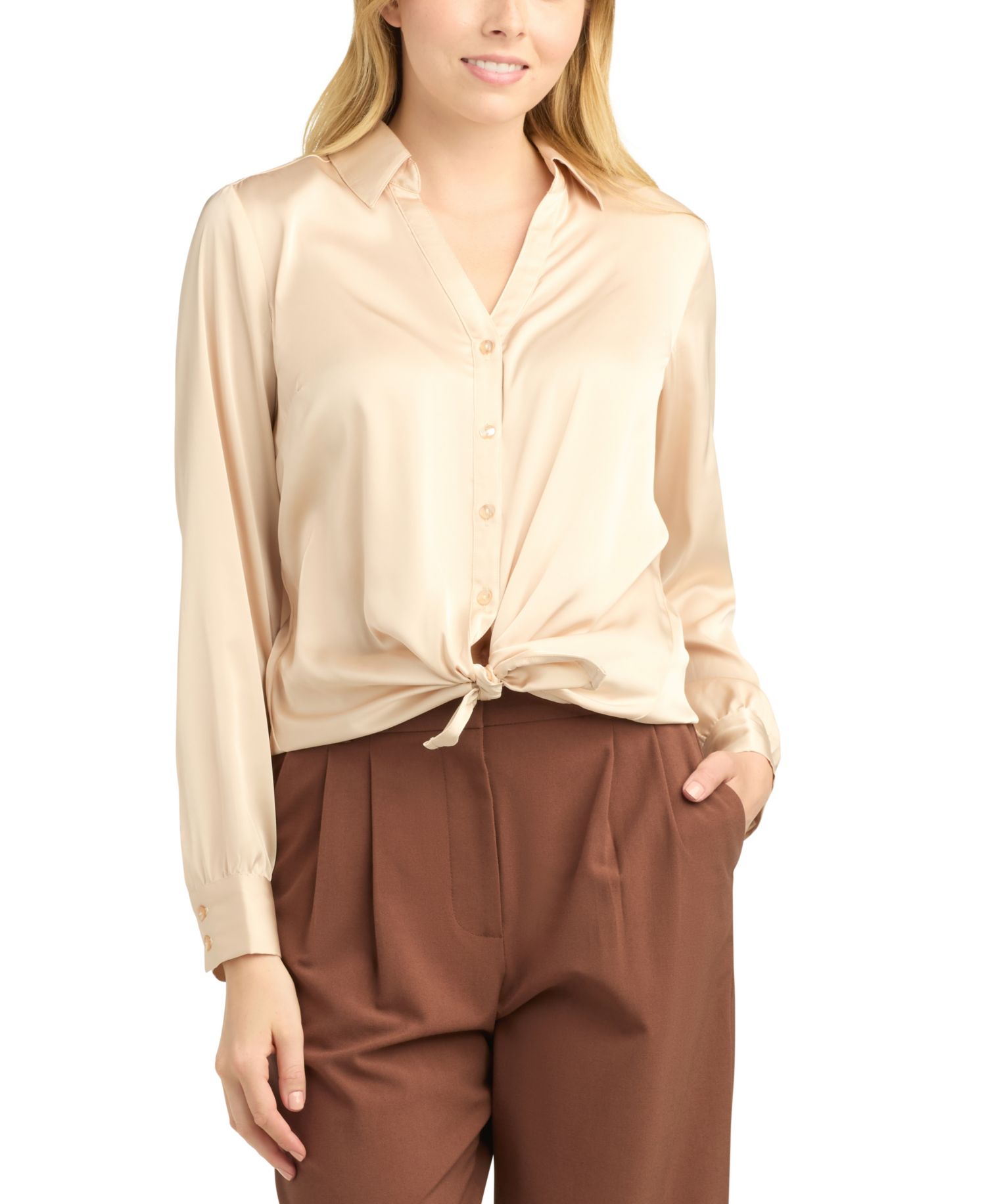 Juniors' Stretch Satin Button-Up Shirt