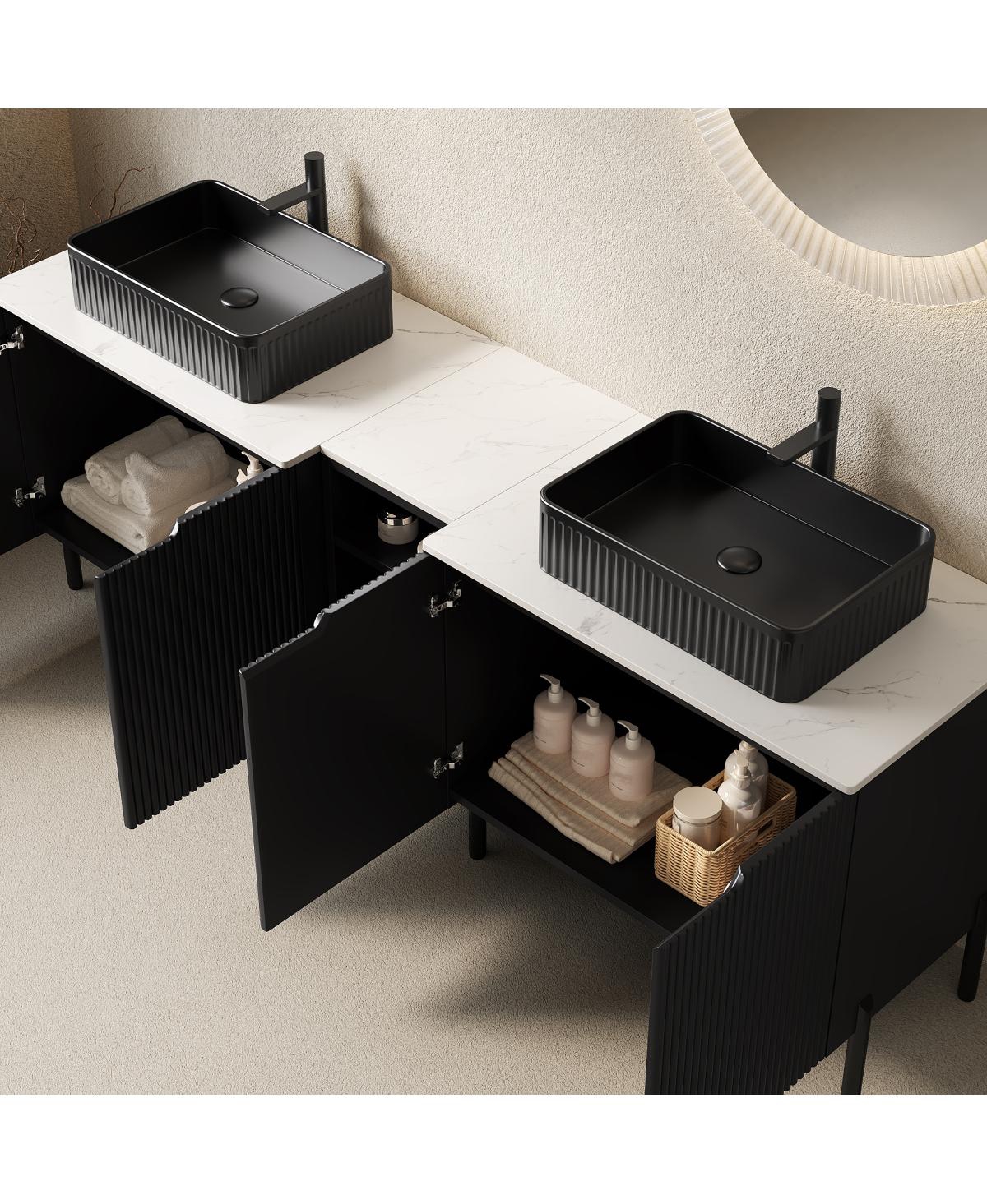 Sillysis 72 Inch Bathroom Vanity with Double Vessel Sinks, Sintered Stone Countertop, Soft Close Doors