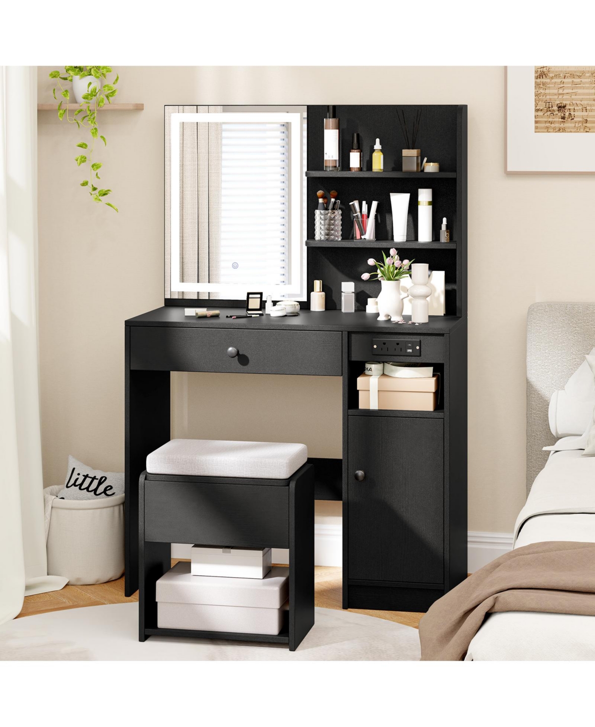 Volenca Vanity Desk with Lighted Mirror, Drawer, and Cabinet Storage