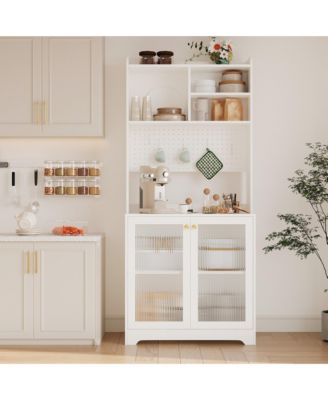 Freestanding Pantry Hutch, 6-Tier Sideboard with Glass Doors, Pegboard Panel and Open Shelves for Kitchen, Dining Room and Coffee Bar