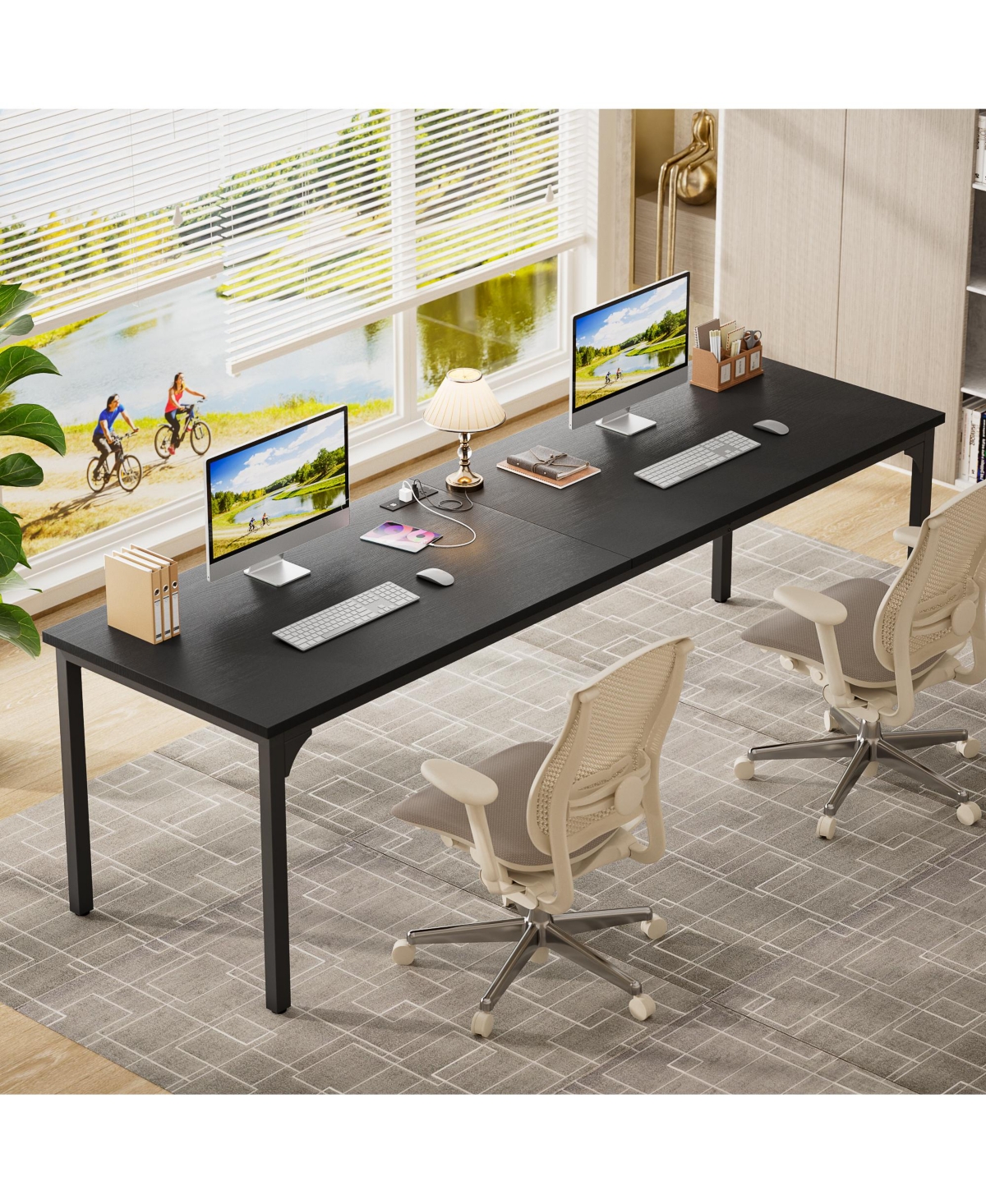Aheaplus 78.8'' W Rectangle Computer Desk, Wood Top Study Workstation