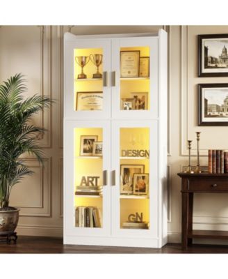 5-Tier Tall Display Bookcase with Shelves and Glass Doors and Led Lights