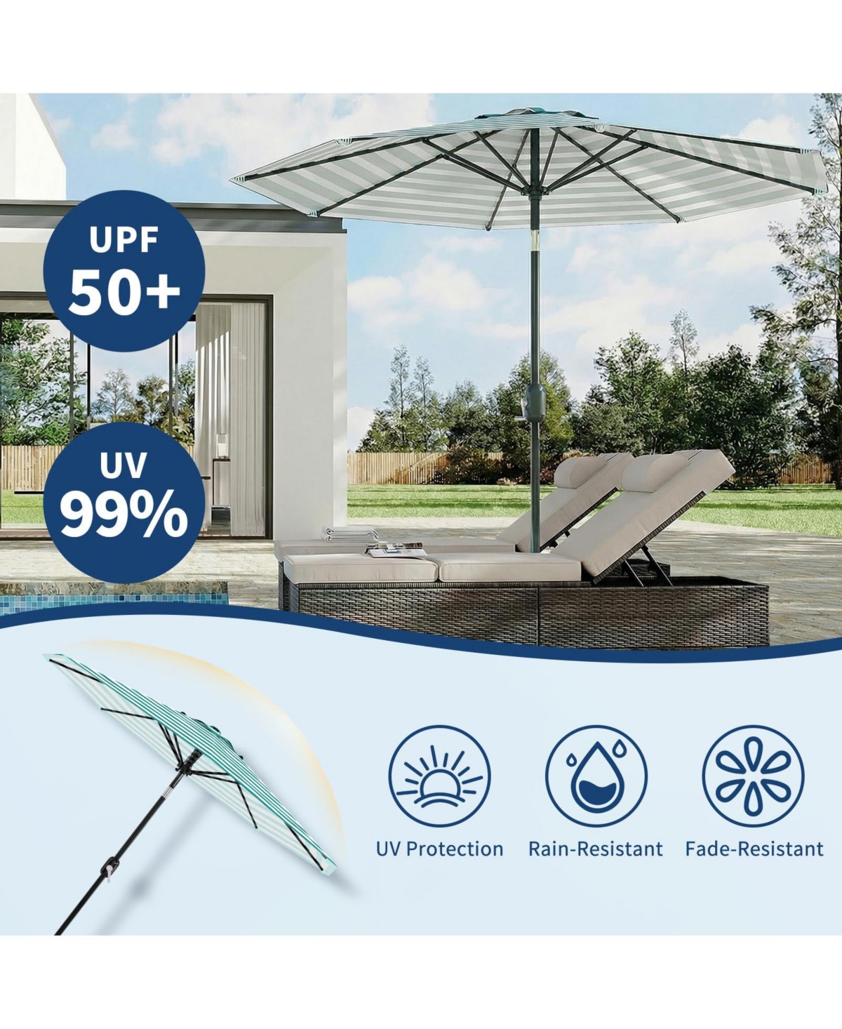 homfan 9Feet Outdoor Patio Umbrella, Windproof And Uv Protected, Crank And Push-Button Tilt, Waterproof Canopy For Garden, Deck, Pool And Yard