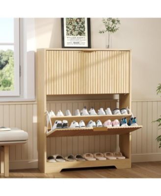 Fluted Shoe Cabinet for Entryway with 2 Flip Drawers, Narrow Shoe Rack with Open Storage and Adjustable Shelf