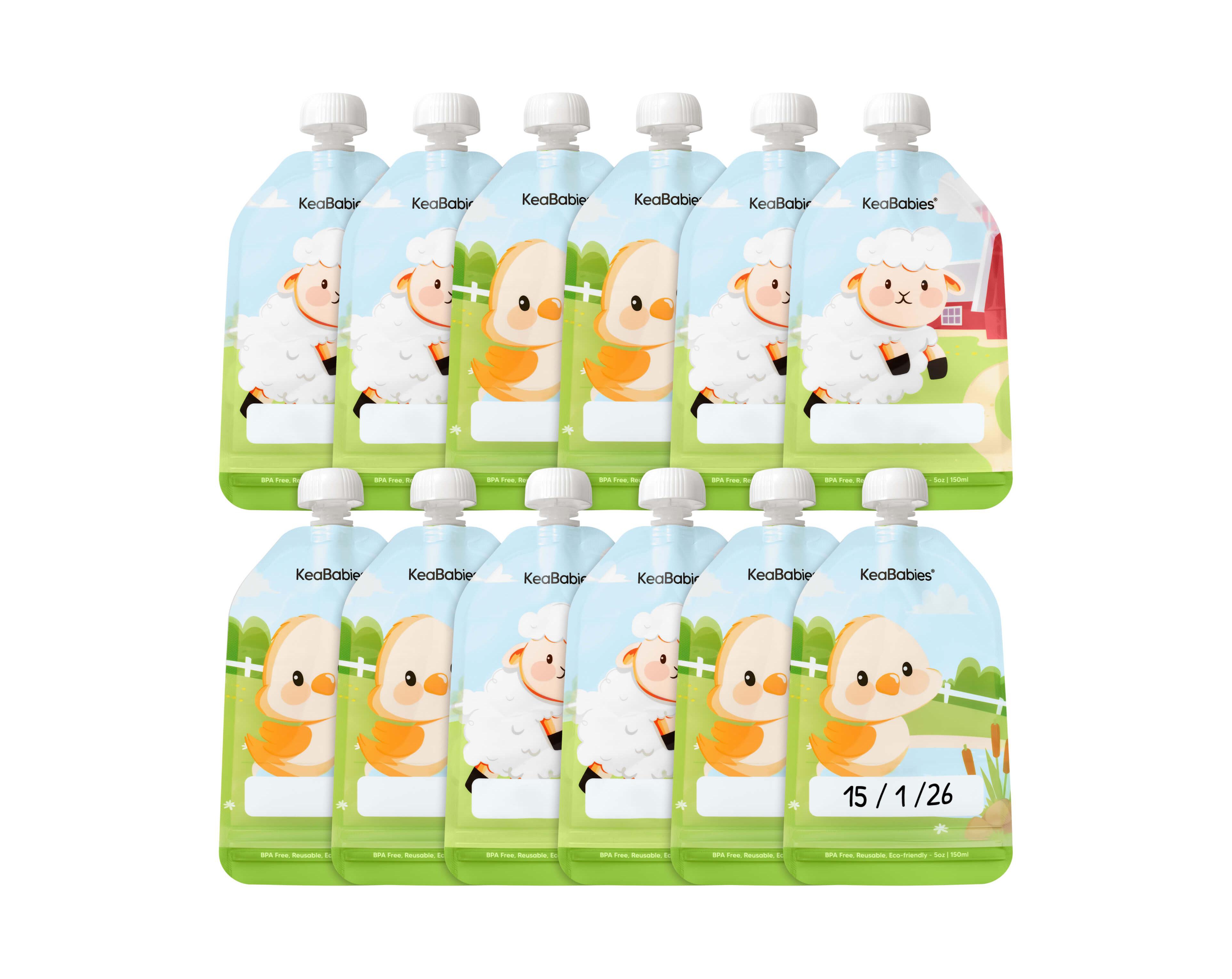 KeaBabies 12-Pack Prep Baby Food Pouch Reusable for Apple Sauce, Breastmilk, 5oz Puree Pouches Toddlers, Kids, First