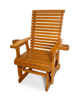 Solid Wood Outdoor Glider Chair, All-Weather High Back Patio Rocker with Dual Cup Holders