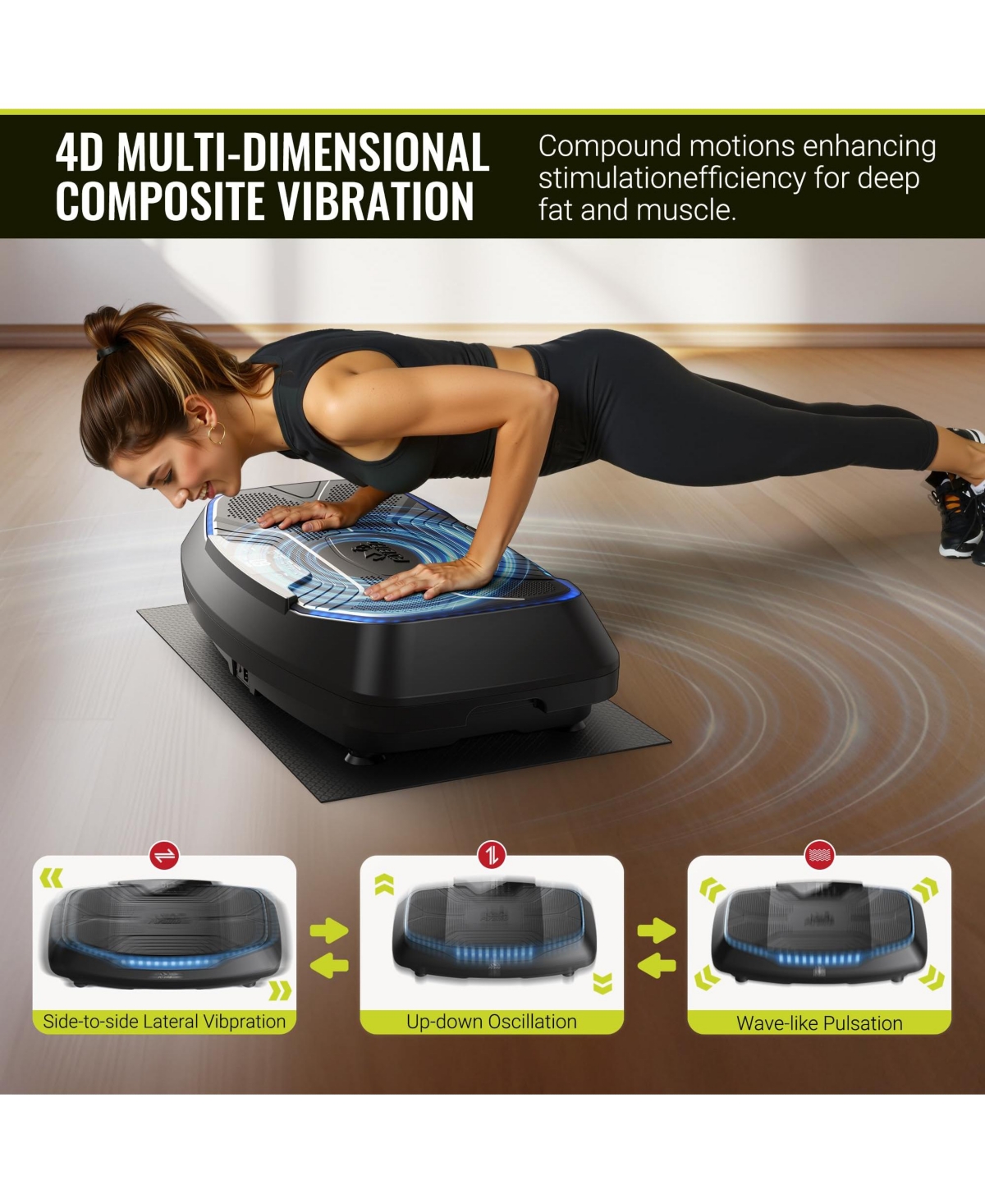 Fed Fitness Triple Drive 4D Vibration Plate, 500 Lbs Ultra Quiet Full Body Vibration Exercise Machine with Large Pedal, Bluetooth Speaker
