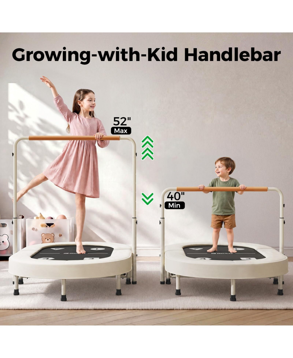 Bcan 56 Inch 2 Person Kids Trampoline Foldable Elastic Band Trampoline with Adjustable Handlebar Thickened Cover Astm Certified for 1-8 Years Old Max
