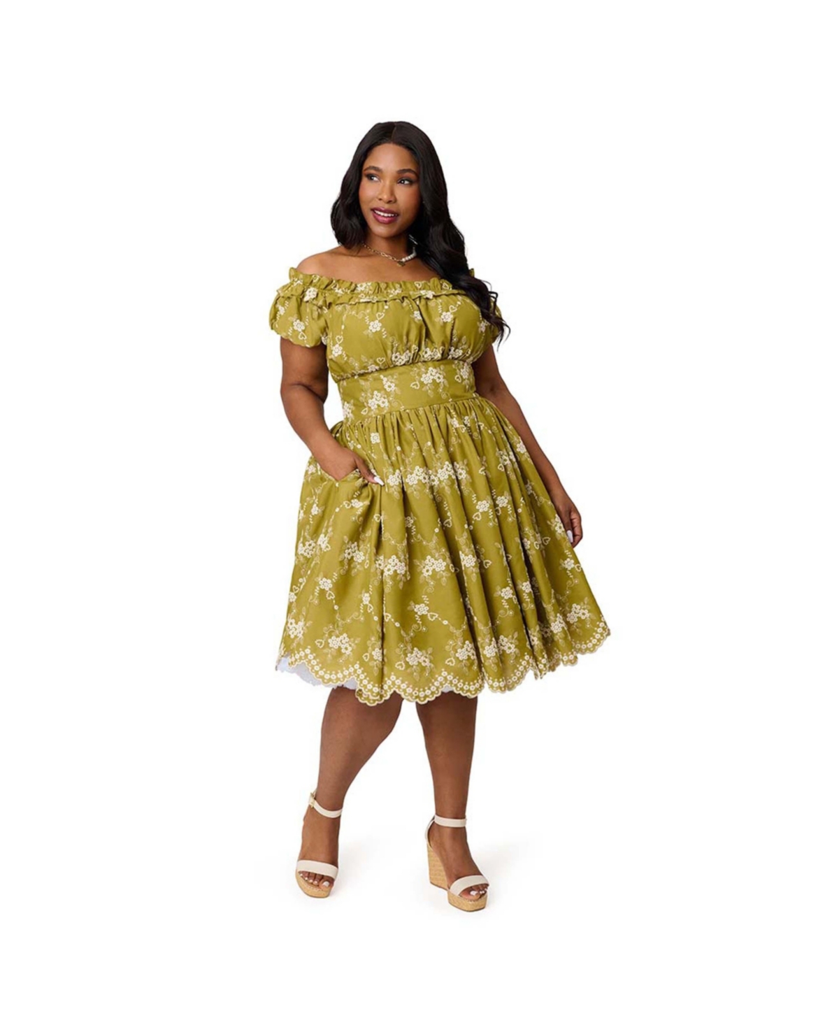 Unique Vintage Plus Size 1950s Off The Shoulder Ruffle Swing Dress - Green chartreuse eyelet