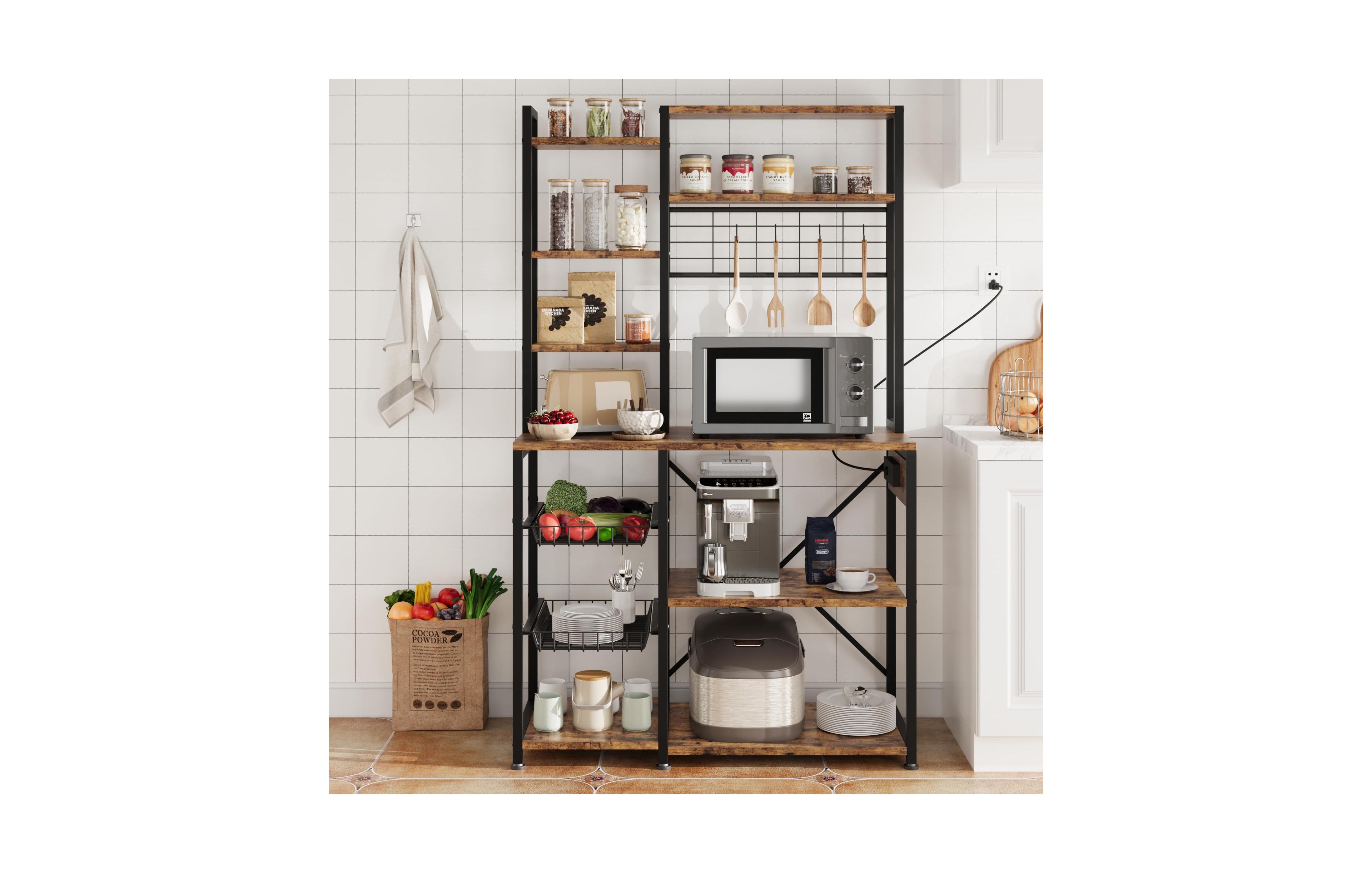 Gaomon 70.1 Inch 7-Tier Industrial Baker's Rack with Power Outlet, Microwave Coffee Bar Station Wire Baskets for Kitchen and Living Room