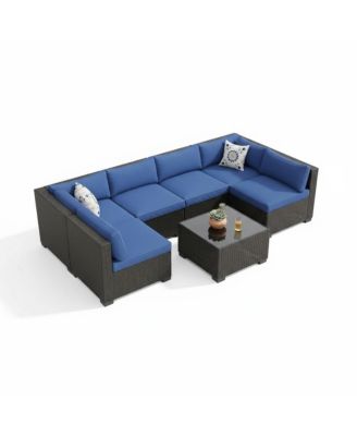 7-Piece Outdoor Sectional Set with PE Rattan Wicker, Thick Cushions and Tempered Glass Coffee Table, Modular Patio Seating