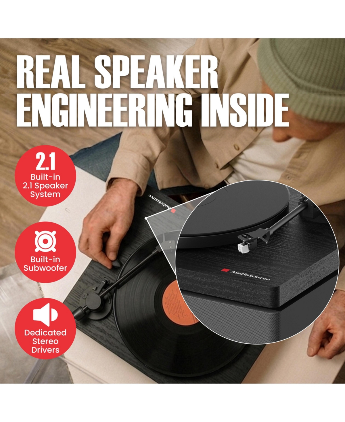 AudioSource All-in-One Vinyl Record Player Turntable, Bluetooth 5.4, 120W 2.1 Speakers & Subwoofer, Hi-Fi 2-Speed Belt Drive, Isolation System