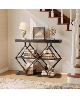 Farmhouse 3-Tier Console Table with Open Shelves, Geometric Metal Legs, Narrow Entryway Design for Hallway, Foyer, or Living Room.