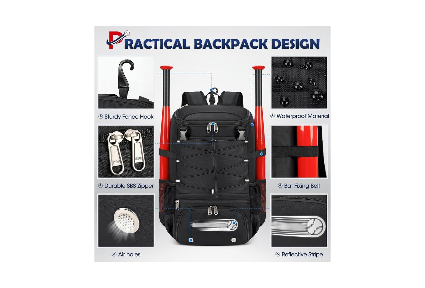 Детская сумка Furlihong Baseball Bag for Youth and Adult - Lightweight with Shoe Compartment, Helmet Holder Fence Hook, Waterproof Backpack Holds Bat Softball Gear, цвет: Чёрный — фото 4