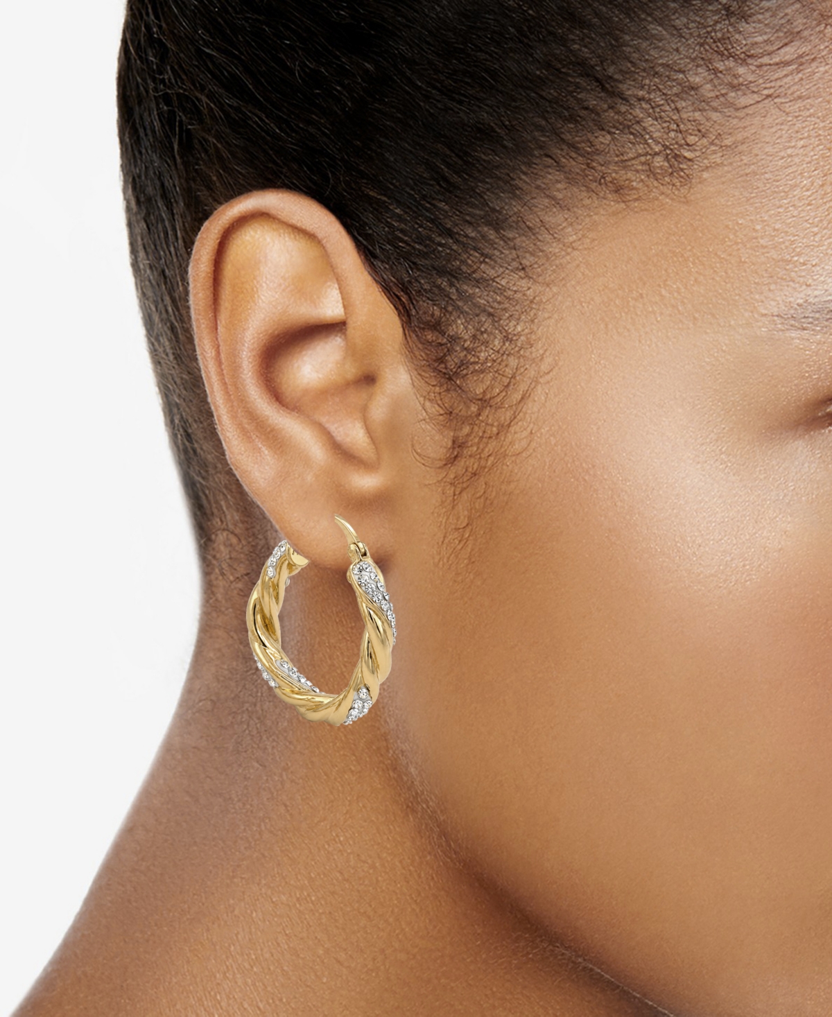 Clear Crystal Twisted Click Top Hoop Earring in Silver Plate or Gold Plate