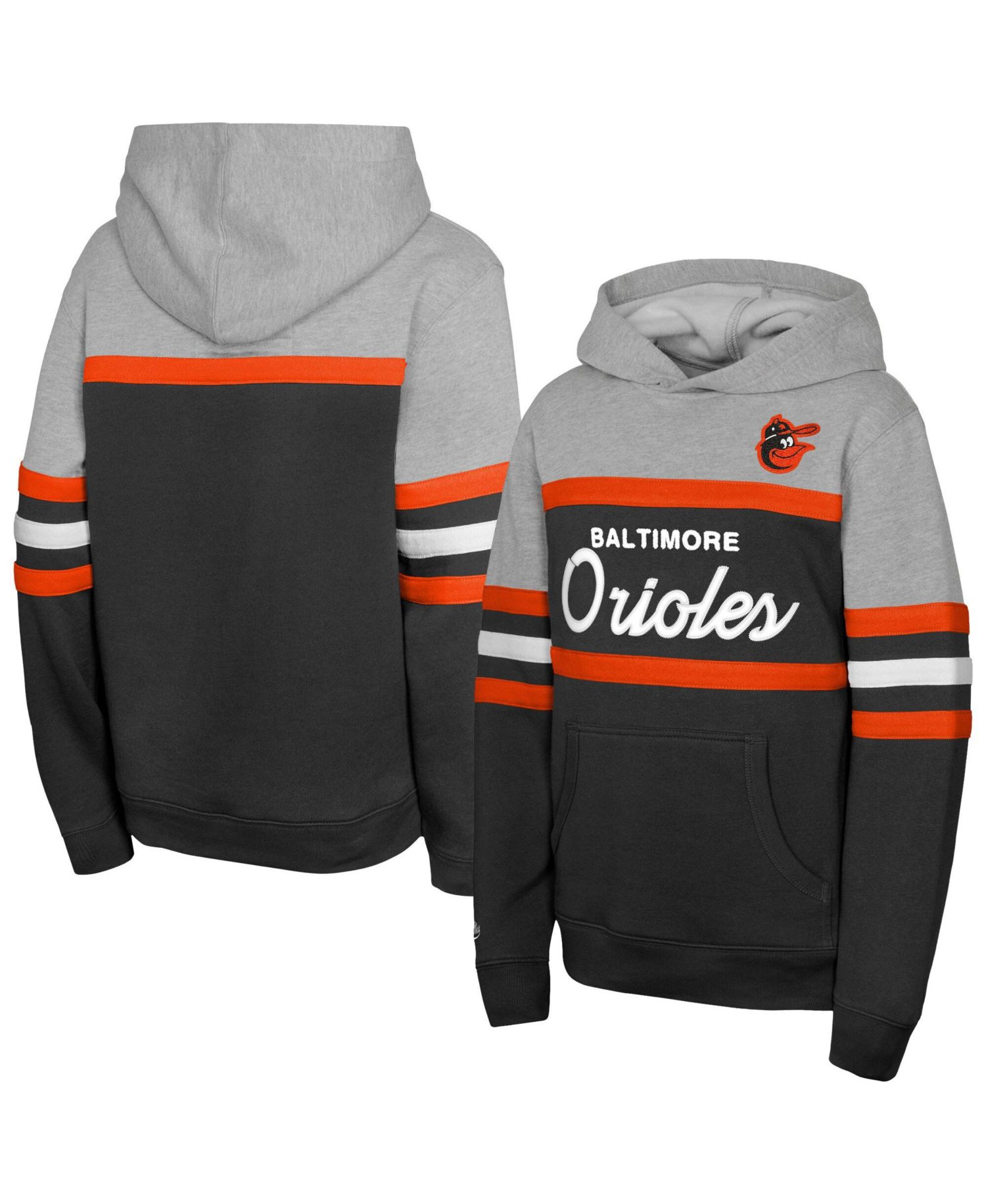 Big Boys and Girls Black/Gray Baltimore Orioles Cooperstown Head Coach Pullover Hoodie