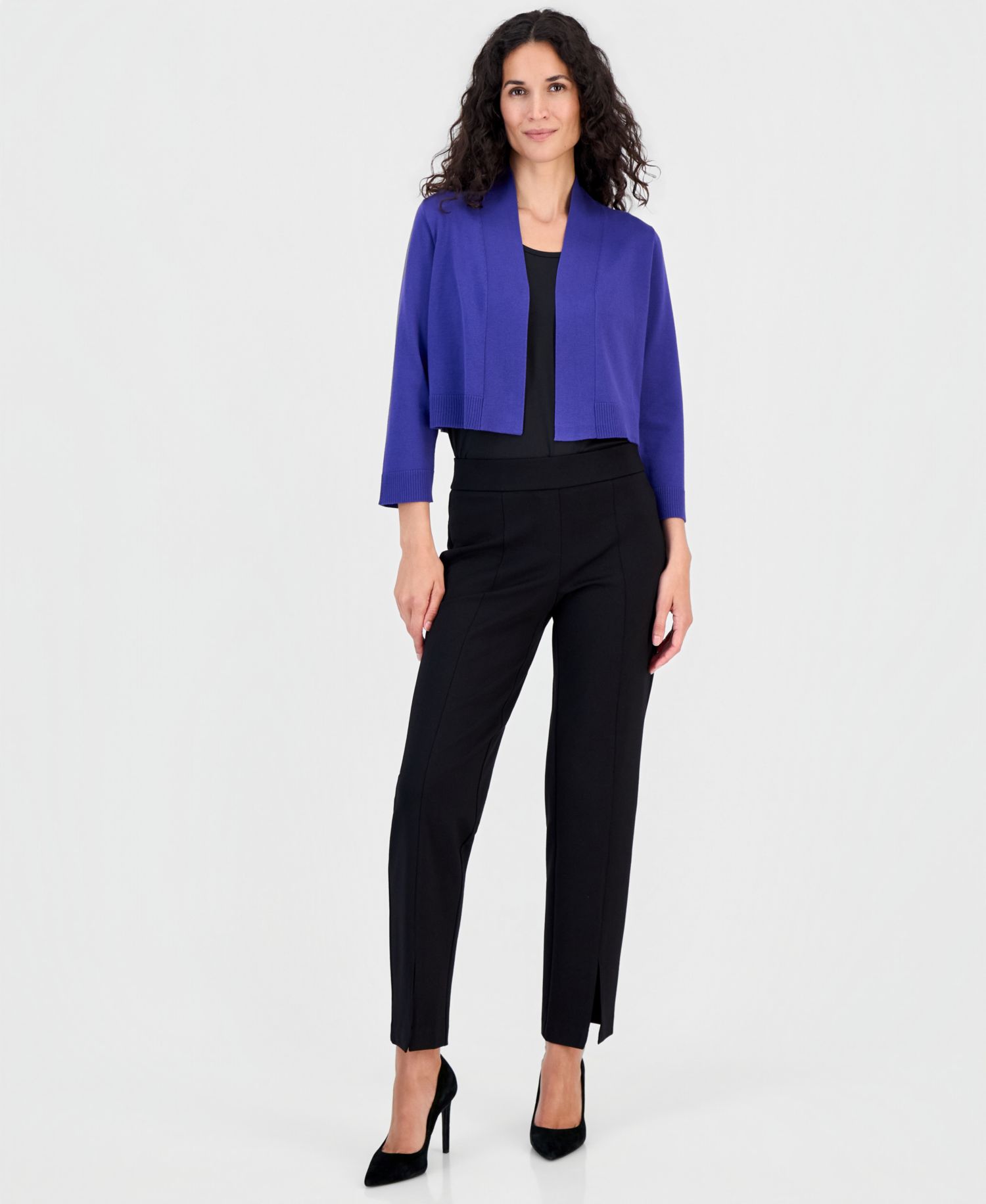 Women's Collarless Cropped Long-Sleeve Cardigan