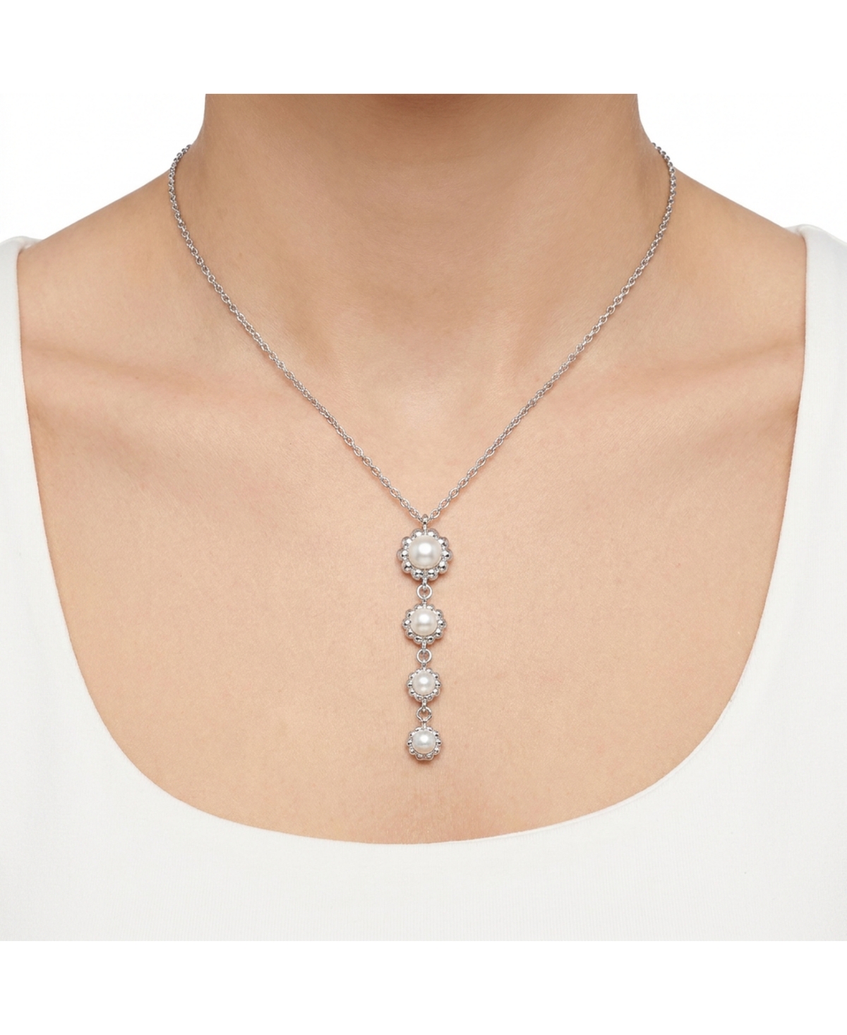 Macy's Cultured Freshwater Pearl (4.5-6.5mm) Flower Drop Y-Necklace in Sterling Silver