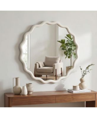 24" Round Wavy Wood Frame Accent Mirror for Entryway and Bathroom