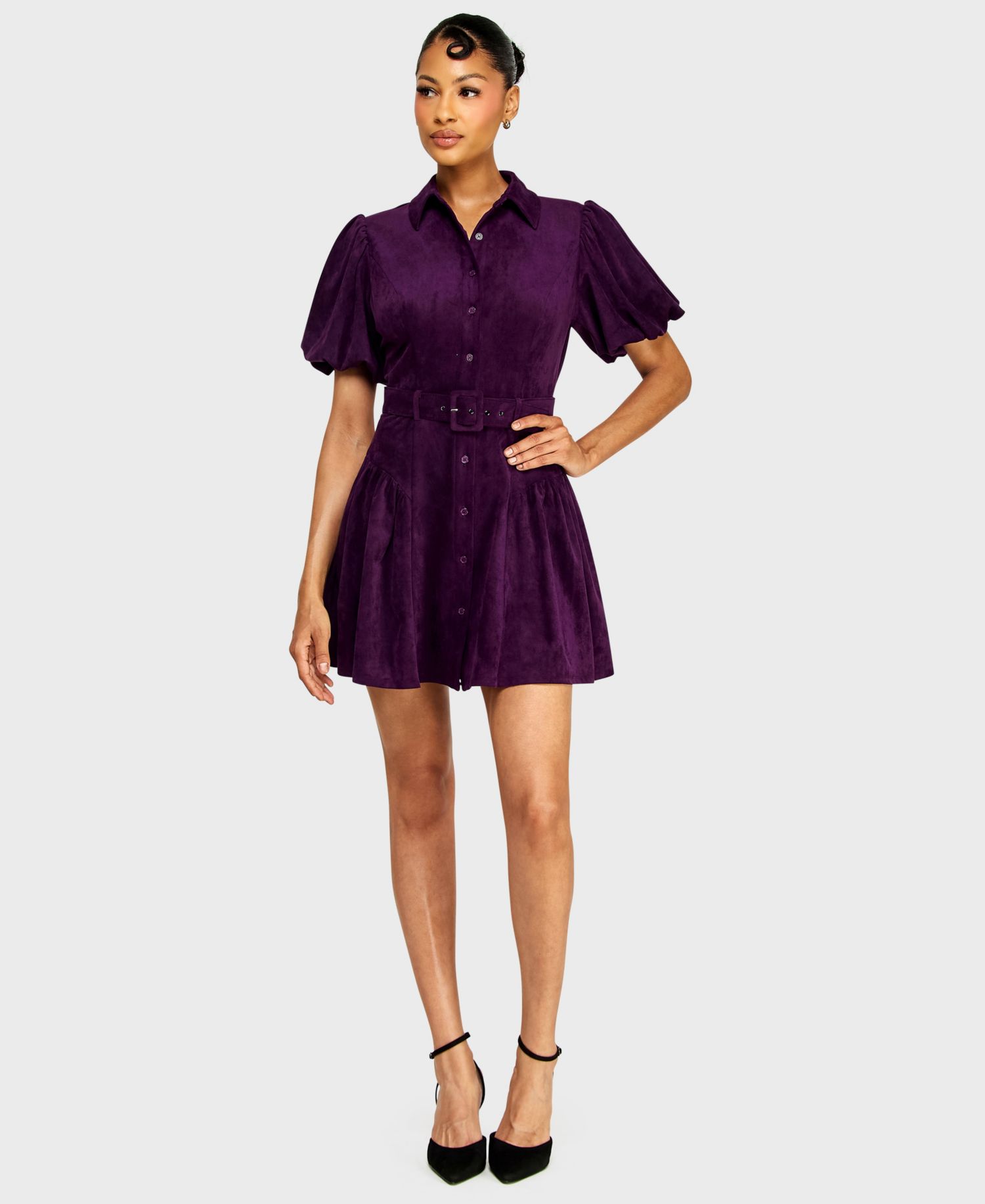 Juniors' Button-Front Suede Belted Mini Dress