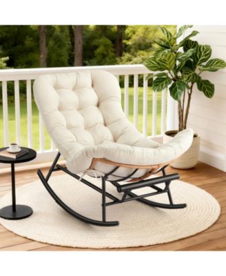Oversized Papasan Rocking Footstool – Extendable Footrest, Thick Removable Cushion, Sturdy Metal Frame – Comfortable Wicker Patio Stool