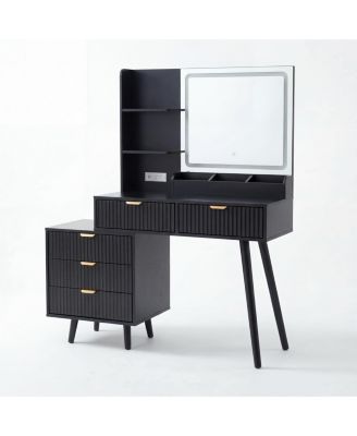 Modern Wave Texture Vanity Desk with LED Light Mirror and Power Outlet, 5 Drawer Storage Makeup Dressing Table for Bedroom