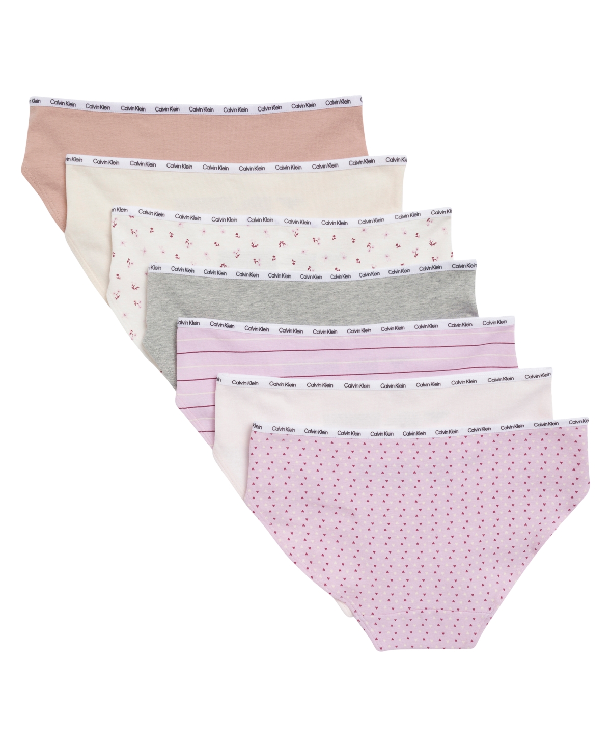 Calvin Klein Girls' 6-16 Floral Heart Stripe Cotton-Stretch Bikinis, 7-Pack