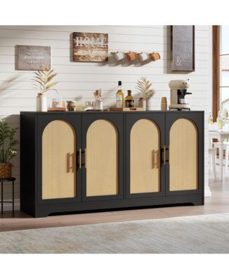 59 Inch Modern Rattan Credenza Console, 4-Door Sideboard Buffet with Fixed Shelf and Metal Handles for Coffee Bar and Multi-Room Use