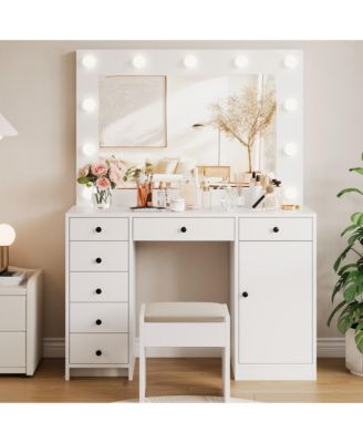 Wooden Vanity Desk, HD Mirror with 11 LED Lights, 3-Color Adjustable Lighting, Charging Station, 7 Drawers and Cabinet, Modern Bedroom