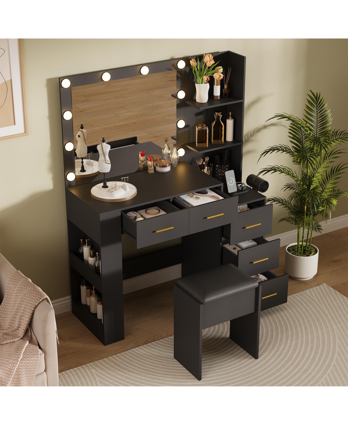 homfan Makeup Vanity Desk with Mirror, 41'' Dressing Table, 10 Bulb Led, 3 Lighting Modes, 5 Drawers, Built-in Outlets, Cushioned Stool