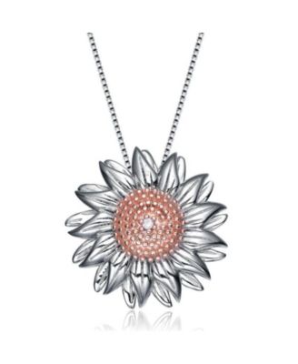 Unique Sterling Silver Two-Tone Sunflower CZ Pendant Necklace